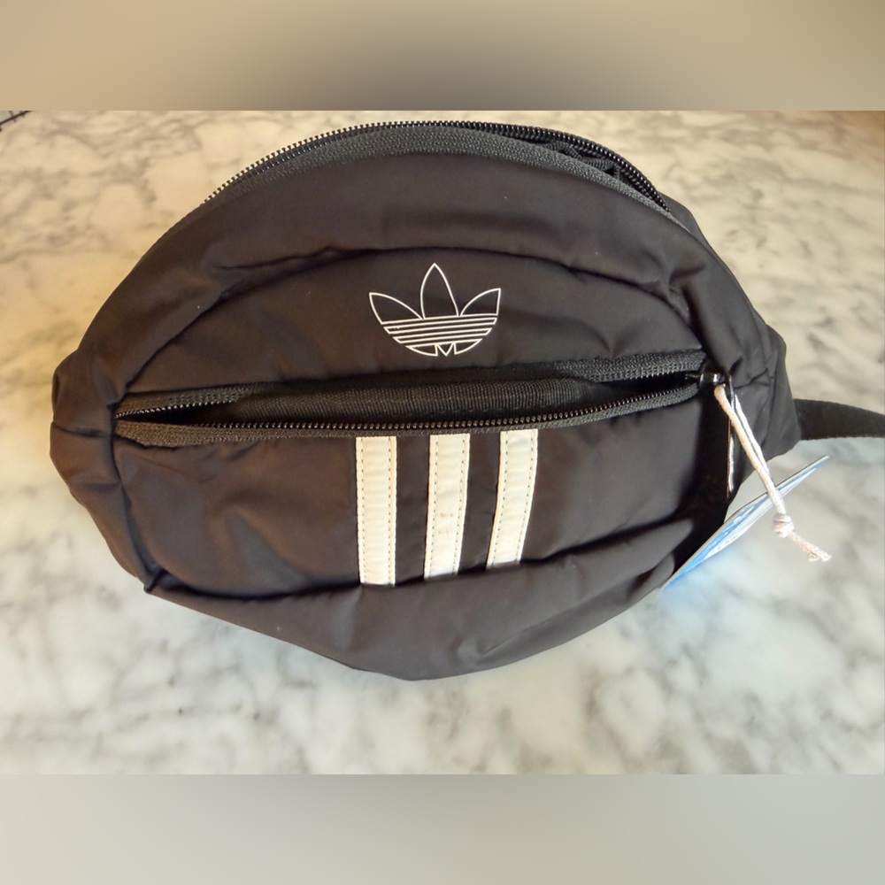 Adidas Black Waist Fanny Pack Bag White Stripe Detail NWT Running Athletic - Picture 2 of 5